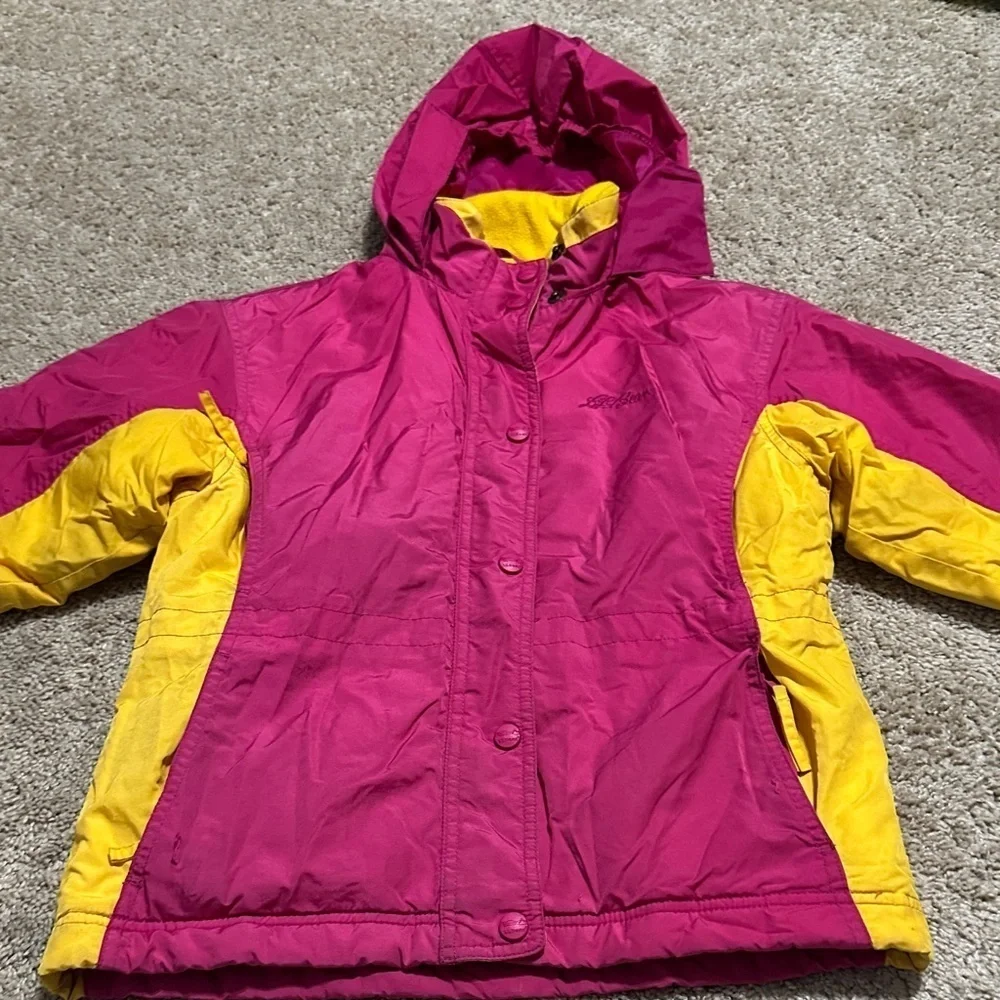 L.L. Bean Pink & Yellow Winter Jacket Thinsulate  Hooded Girls Size XS(6)